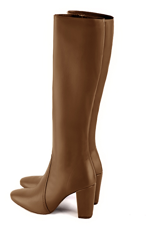 Caramel brown women's feminine knee-high boots. Round toe. High block heels. Made to measure. Rear view - Florence KOOIJMAN
